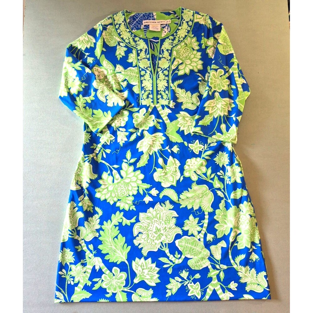 Gretchen Scott Blue Green Floral Jersey Split Neck Swing Dress Size Large